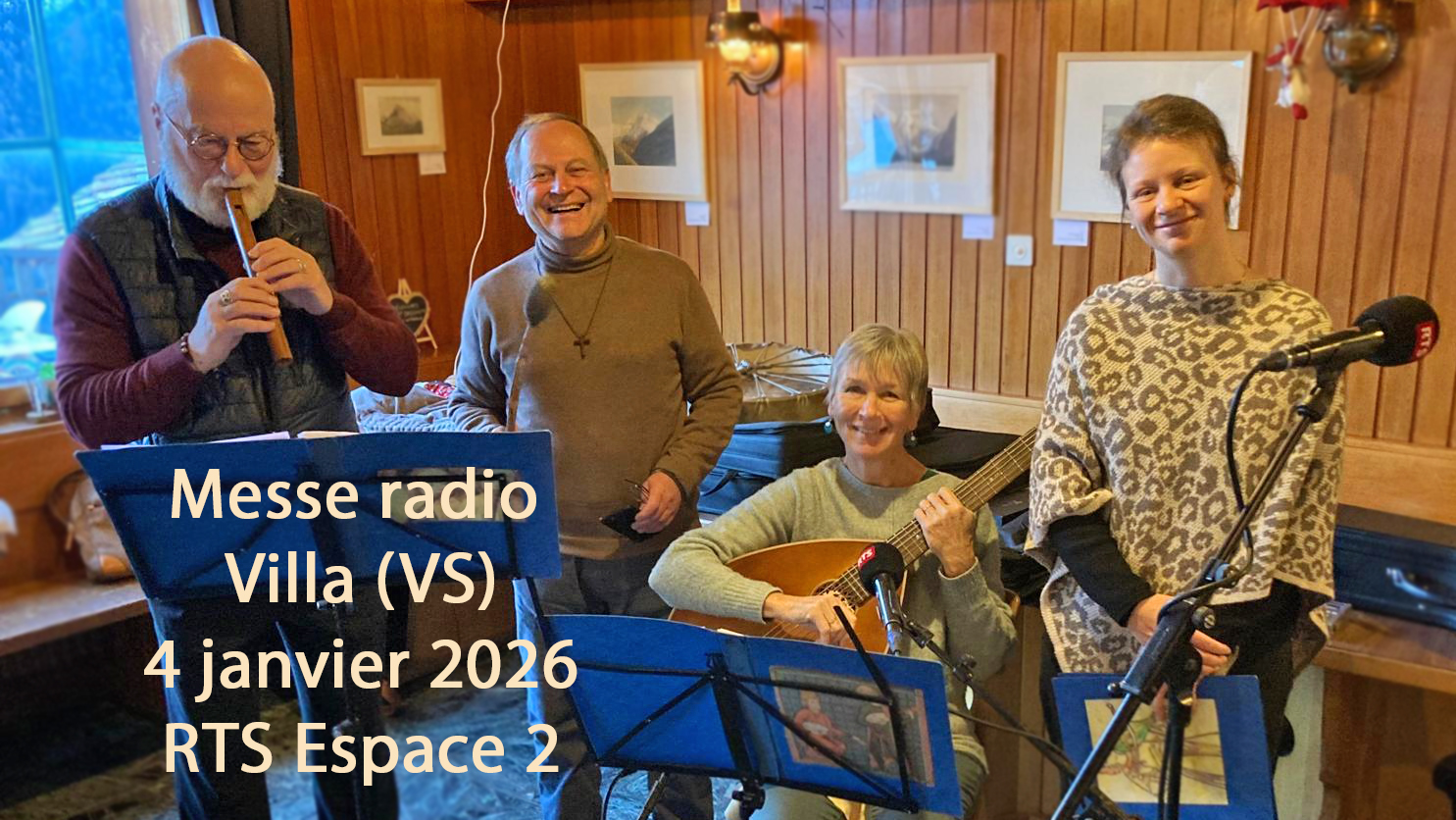 L'équipe d'animation musicale et le célébrant de la messe radio 2026 à Villa | DR