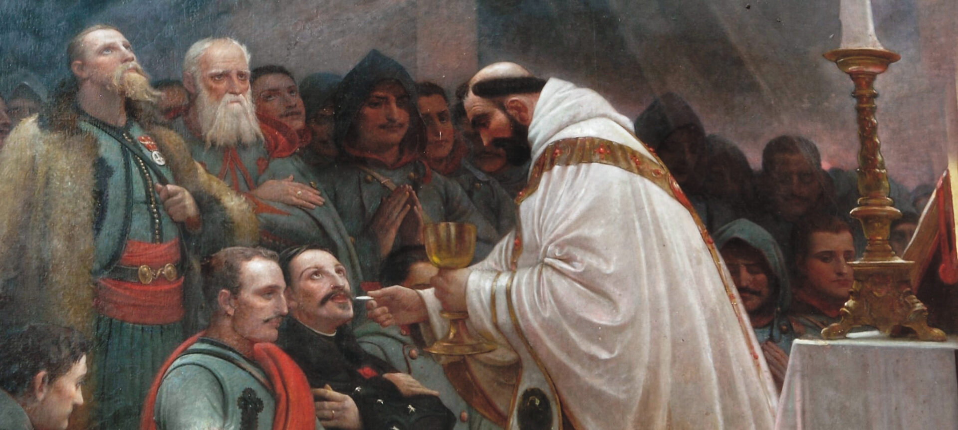 Même s'il n'est plus questions d'armes, le pontife a encore besoin de ses défenseurs. "La communion des zouaves" (1910, détail), de Lionel Royer, | DP